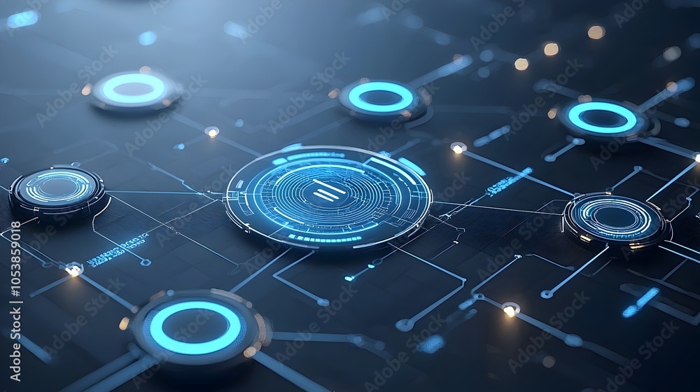 Aufkleber Futuristic and abstract digital design featuring glowing geometric circles and soft shadows ideal for a technology focused business presentation or corporate branding