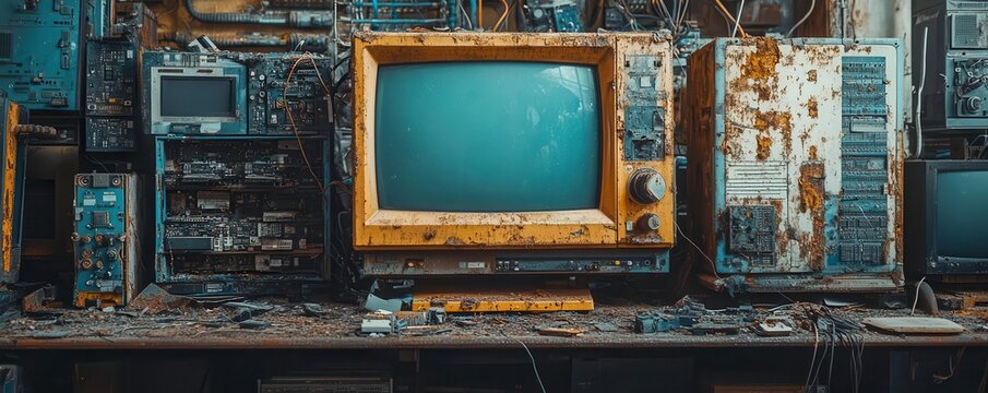 An ewaste dump site with detailed, decaying computer components, highcontrast colors, industrial lighting, sharp focus on rust and dust covering the parts