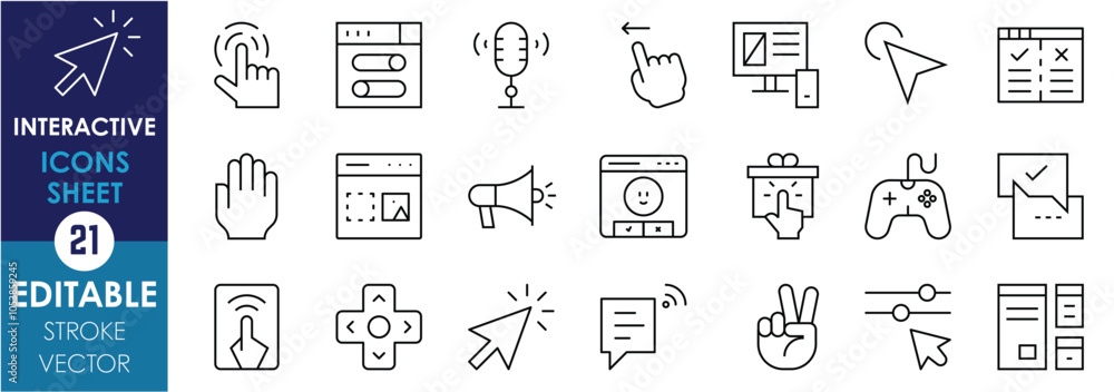 Poster a set of line icons related to interactive. gesture, click, command, feedback, touch, drag and drop,