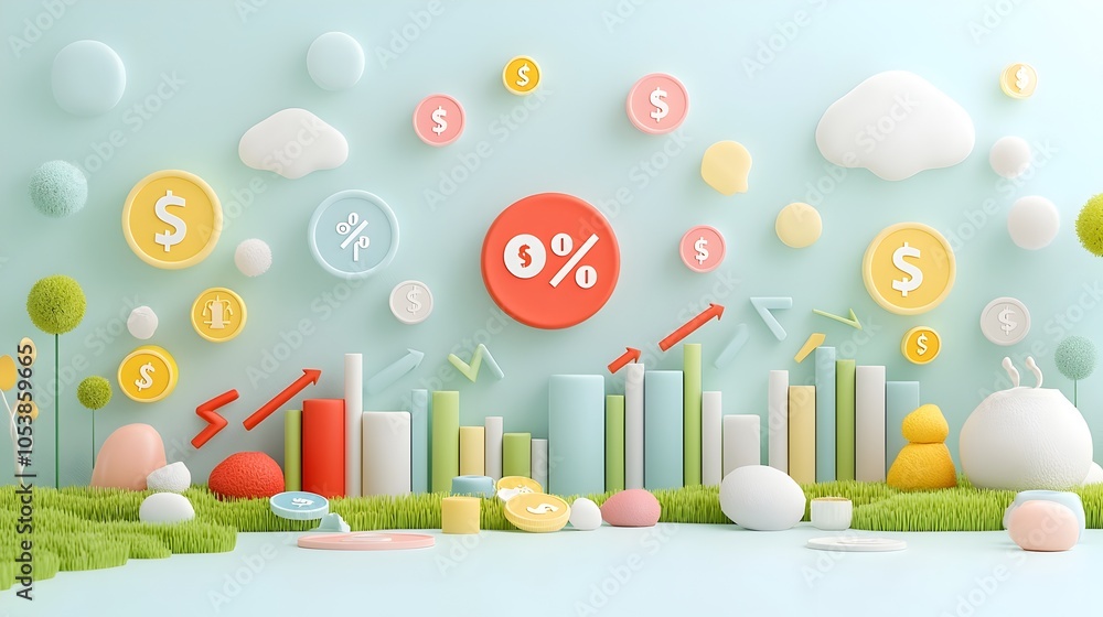 Poster vibrant plasticine 3d depicting economic shifts price increases and decreases represented by percent