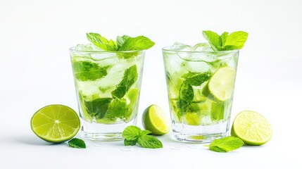 Two refreshing mojito cocktails with mint and lime, served over ice.