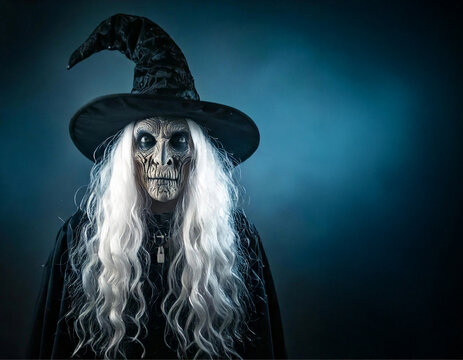 Uma bruxa bem velha e amedrontadora, com chapeu pontudo e cabelos brancos e bem longos, com fundo azul escuro.