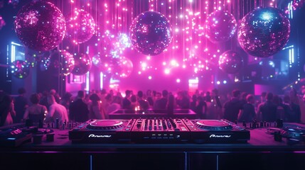 Obraz premium Vibrant nightclub scene with dj mixer and disco balls under neon lights for party theme design.