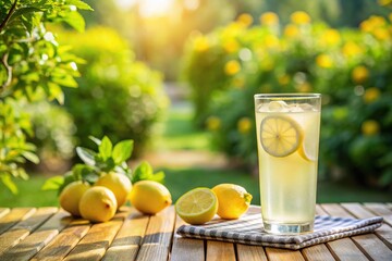 Fototapeta premium Refreshing lemonade in a glass on a sunny garden table reflected