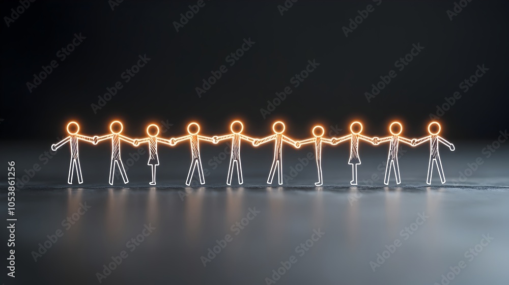 Aufkleber conceptual depicting multiple interconnected figures linked by glowing lines representing the concep