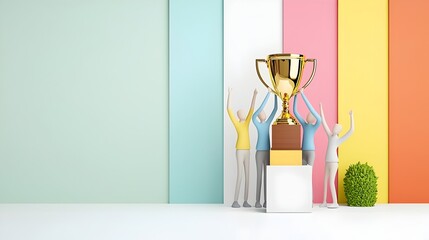 Colleagues joyfully lifting a gleaming golden trophy celebrating their shared triumph in a vibrant plasticine inspired 3D that symbolizes teamwork business success and professional achievement
