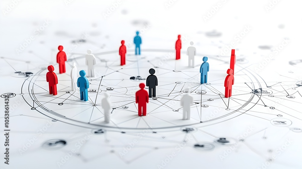 Poster Three dimensional figures connected by lines in a circular formation representing a unified network of people working towards common goals and showcasing the concepts of shared objectives