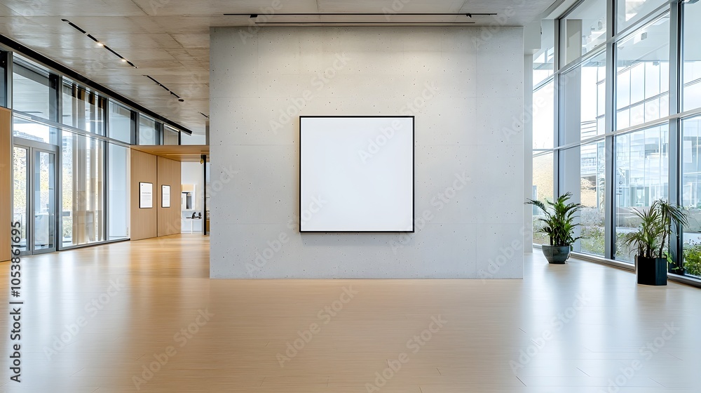 Poster minimalist concrete wall with an empty frame in a naturally lit office interior creating an ideal ad