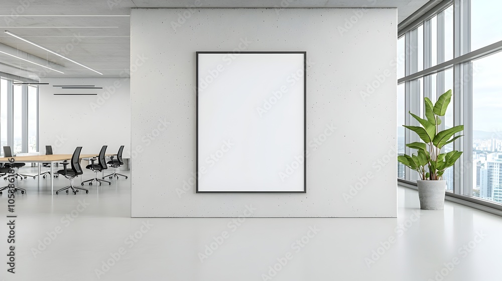 Aufkleber sleek and minimalist empty poster frame mounted on a concrete wall in a modern office space illumina