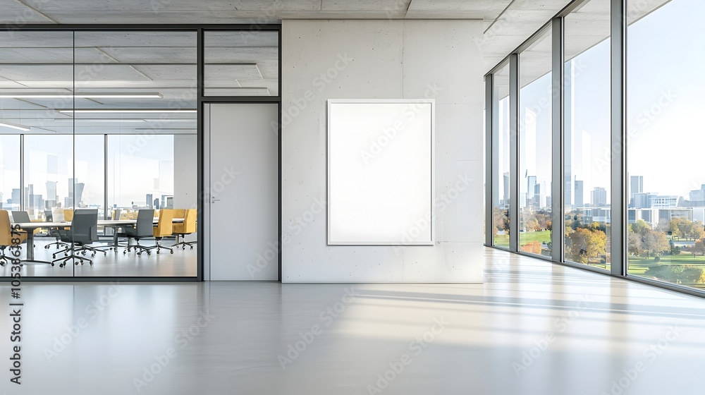 Poster minimalist empty poster frame mounted on a sleek concrete wall in a modern office illuminated by sof