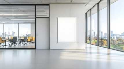 Fototapeta premium Minimalist empty poster frame mounted on a sleek concrete wall in a modern office illuminated by soft natural light streaming through large windows