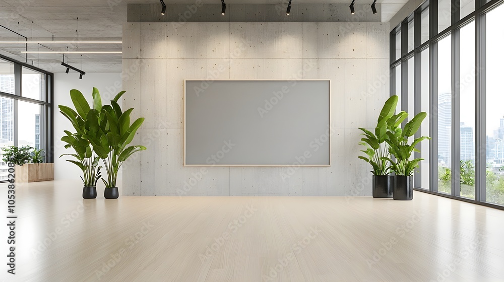 Leinwandbilder Bright and open office workspace with a sleek concrete wall and an empty frame perfectly illuminated by natural light streaming through large windows