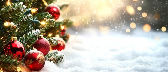 A Christmas tree with red ornaments and lights