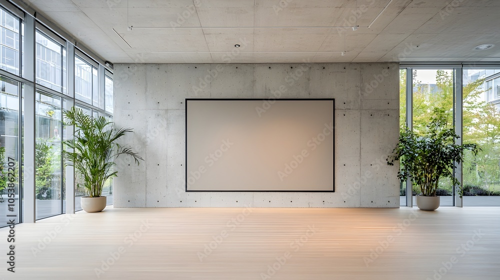 Poster bright and open modern office space with a concrete wall and an empty frame perfectly lit by natural