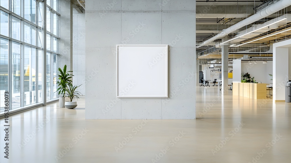 Poster bright and modern office interior with an empty poster frame mounted on a raw concrete wall illumina
