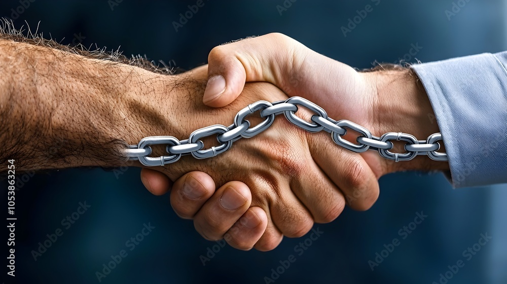 Poster 3D Handshake with Chain Link Connecting Two Hands Representing Trust Partnership and Strong Relationships in Business or Personal Interactions