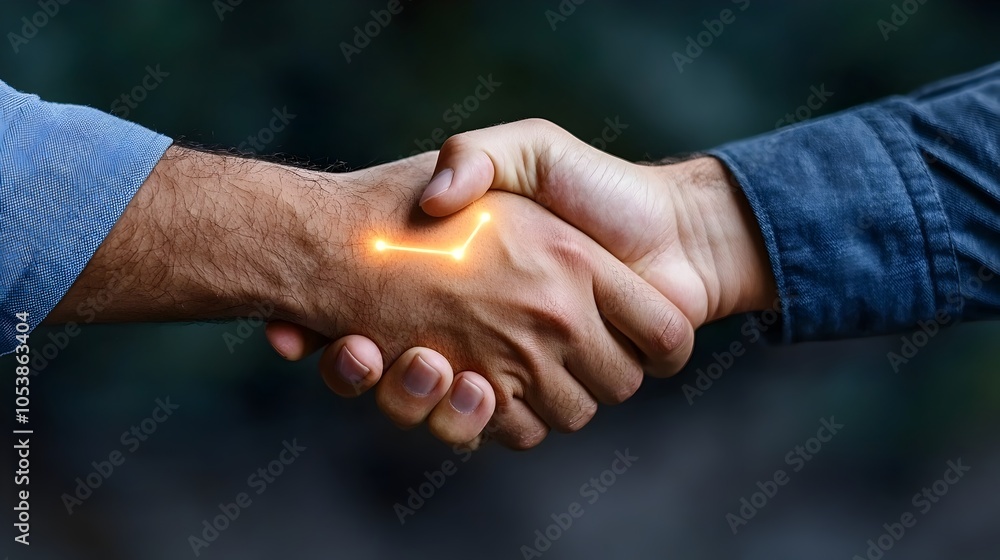 Poster Powerful digital handshake with glowing link between two hands symbolizing the strength and trust of collaborative partnerships and successful business alliances