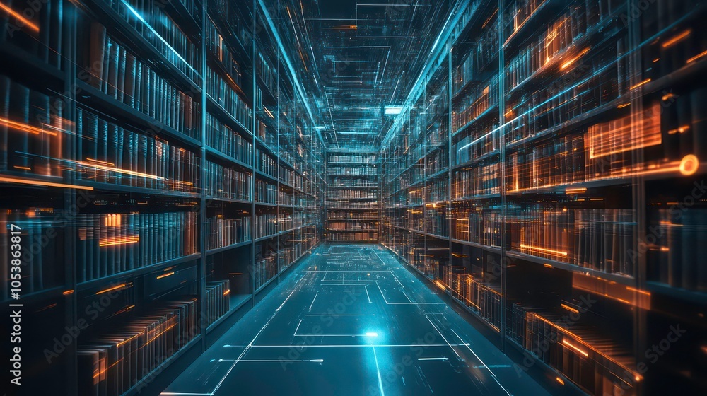 Poster a futuristic library with glowing shelves and digital elements, suggesting advanced technology.