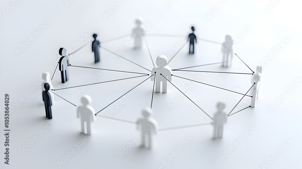Poster Interconnected 3D figures connected by lines in a circular formation symbolizing a unified network of people working towards shared goals and