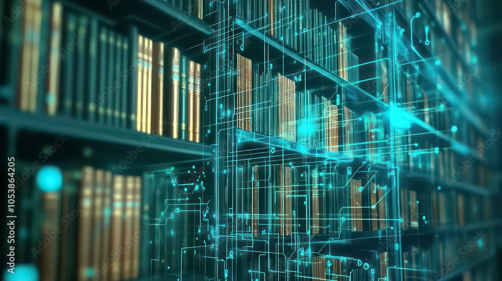 Aufkleber A digital library with glowing shelves and circuit-like patterns, symbolizing knowledge and technology.