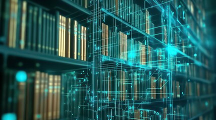 A digital library with glowing shelves and circuit-like patterns, symbolizing knowledge and technology.