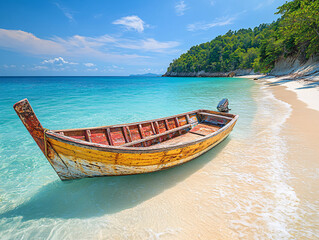 Obraz premium A wooden boat is anchored on a sandy beach. The ocean water is clear and blue.
