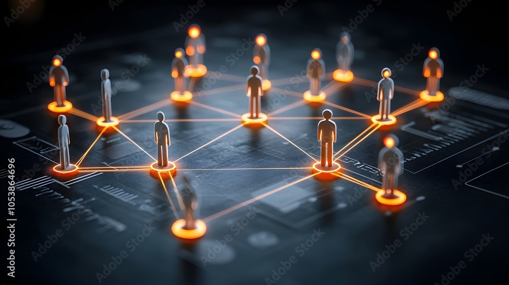 Poster A digital abstract image depicting a network of interconnected figures linked by glowing paths symbolizing the power of community driven goals