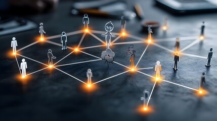 A network of interconnected digital figures linked by glowing paths symbolizing the power of community driven goals for progress innovation and a better future