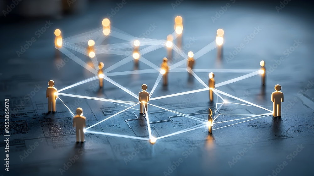 Poster of a community of interconnected figures navigating paths of light symbolizing a collective drive toward common and achievements