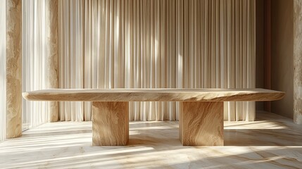 A minimalist wooden table in a softly lit, elegant interior space with draped curtains.