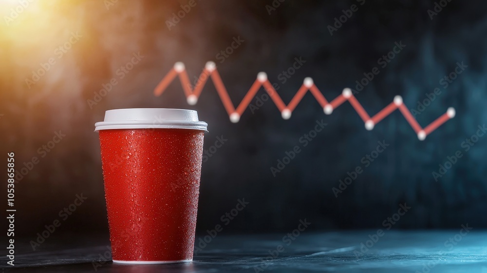 Poster a striking image of a red coffee cup with a graph fading in the background, symbolizing trends in bu