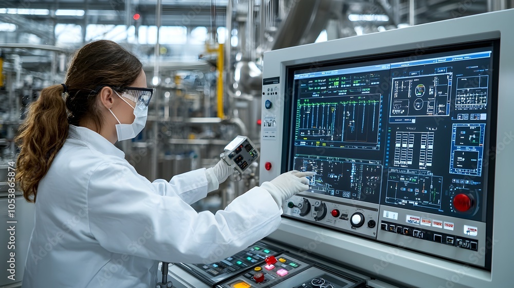 Poster worker monitoring industrial control panel while overseeing fuel processing in a manufacturing or in