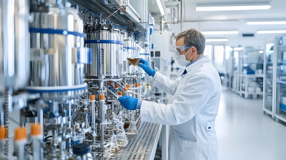 Aufkleber Scientist in lab coat closely analyzing biofuel samples using advanced processing technology and equipment in a modern laboratory setting exploring renewable and sustainable energy solutions