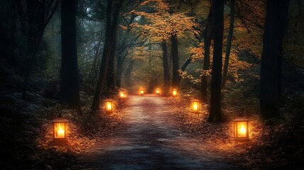Obraz premium Halloween enchanting forest path lined with glowing lanterns