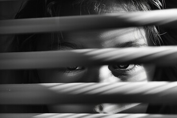 Young looking behind a blind, with eyes wide open