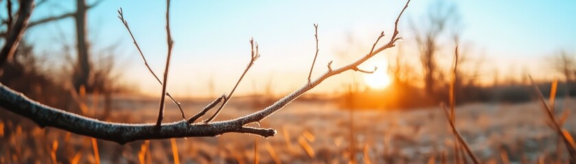 Obraz premium Tranquil Winter Scene Crisp Frosty Morning with Clear Sky, Cold Air, and Bare Trees, Experience the Beauty of a Serene Dawn Landscape in this Captivating Photography Collection