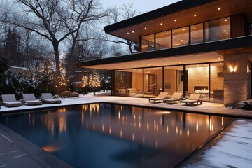 Fototapeta premium This luxurious residence features a beautifully lit exterior alongside a large pool, set against a snowy background and decorated with subtle, festive lights.