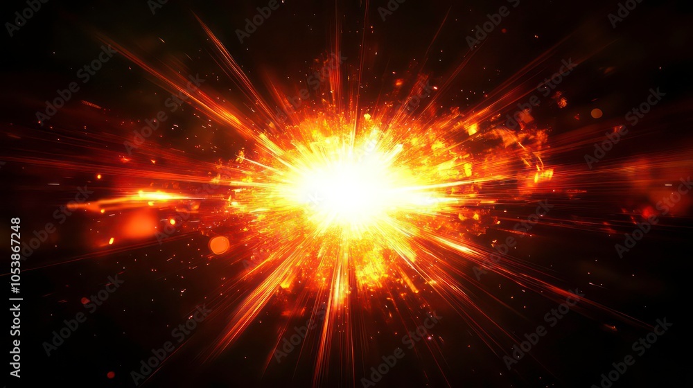 Poster a bright explosion of light and energy, radiating rays and particles in a dark background.
