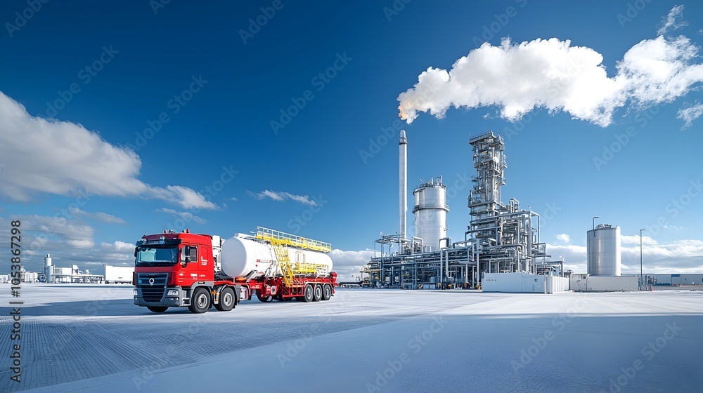 Poster seamless and efficient fuel tanker loading process at the industrial processing plant showcasing the