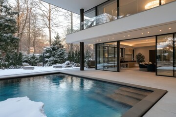 Fototapeta premium A luxurious villa with large glass windows is highlighted by a sleek swimming pool, set against a picturesque snowy landscape and crisp winter trees.