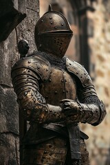 A striking bronze statue of an armored knight with detailed engravings stands in a defensive posture.