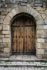 A rustic medieval wooden door set in a stone archway on a cobblestone street.