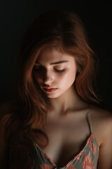 Fototapeta premium A woman gazes downward contemplatively, bathed in soft shadow and light, capturing introspection and beauty.