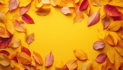 A vibrant arrangement of autumn leaves in shades of yellow, orange, and red on a bright yellow background, creating a warm and inviting seasonal atmosphere.