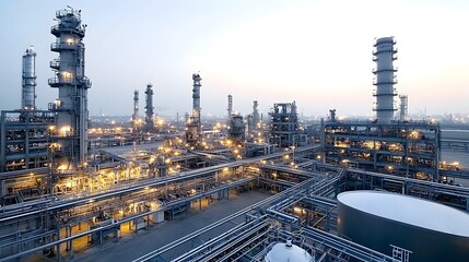 Fototapeta premium Dramatic sunset view overlooking a vast industrial refinery skyline showcasing the complex fuel processing technology and infrastructure of the energy production and manufacturing sector