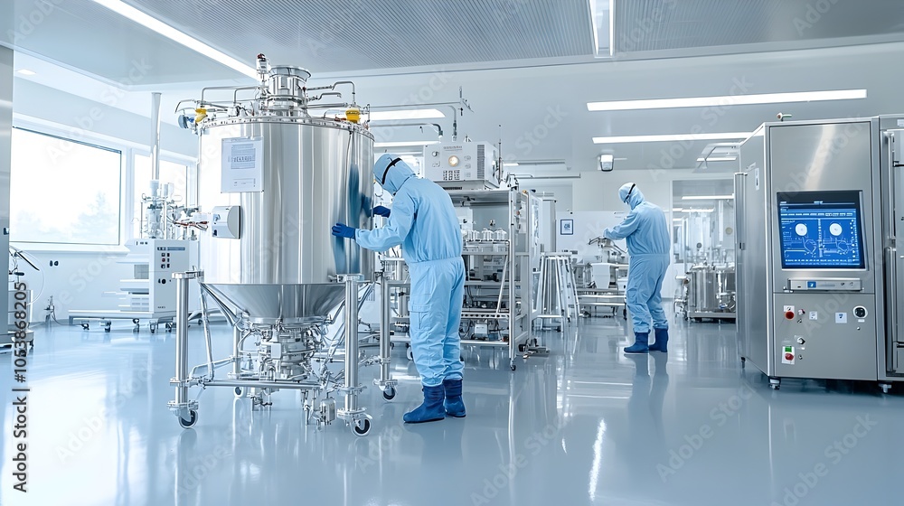 Poster technicians carefully inspecting sophisticated biofuel reactors and advanced processing technology a