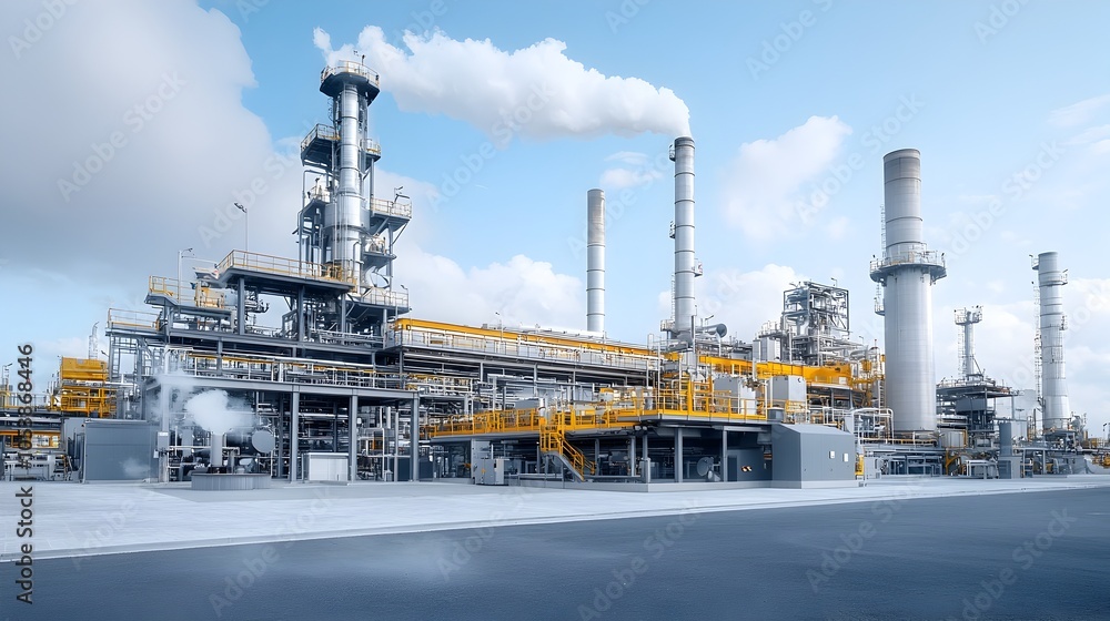 Poster advanced machinery operating in a clean and high tech fuel processing plant the industrial equipment