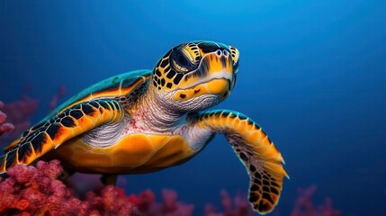 Colorful turtle swimming gracefully in vibrant coral reef underwater.