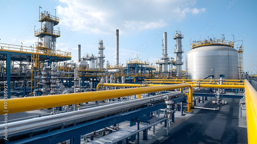 Poster aerial view of a large industrial gas processing plant with numerous storage tanks pipelines and oth