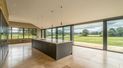 Fototapeta premium Minimalist kitchen with a central island, integrated appliances, and floor-to-ceiling windows in an open-plan space